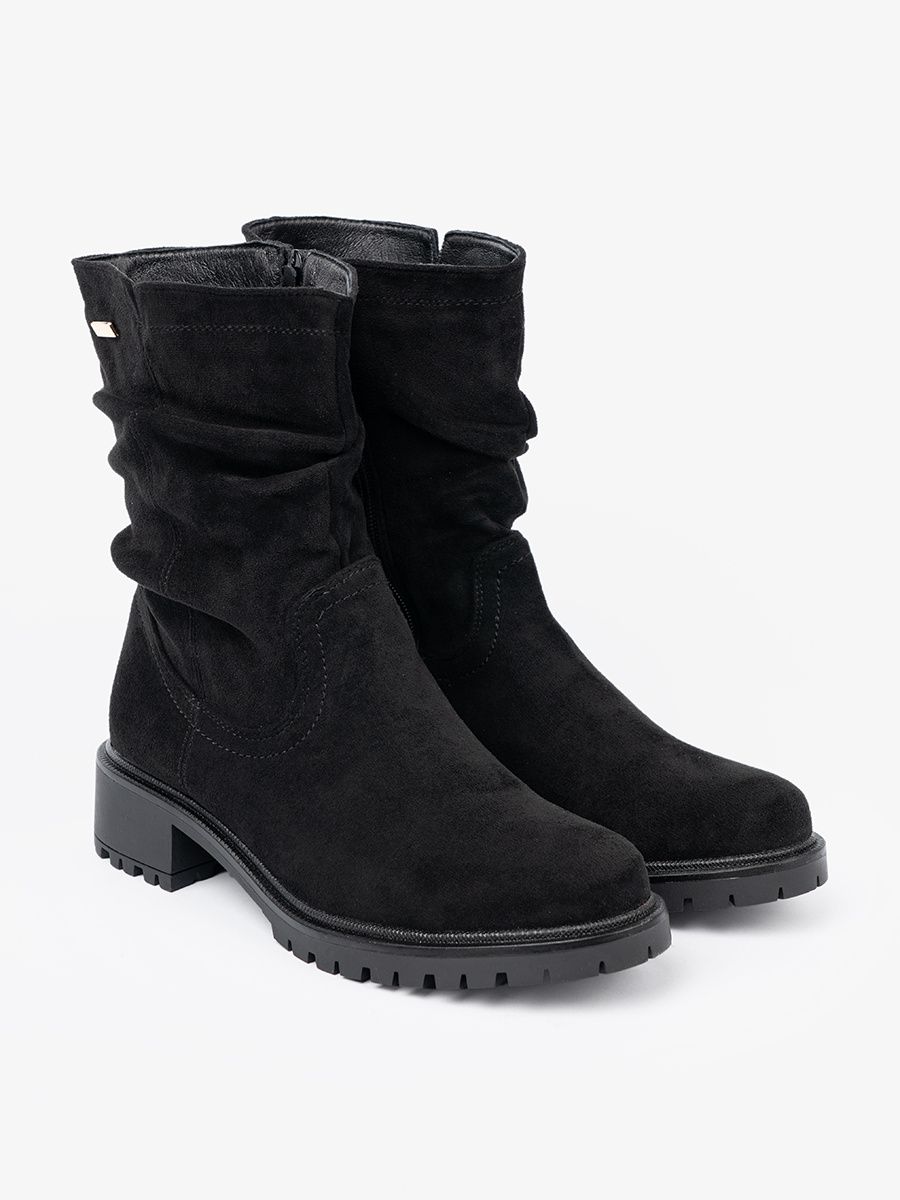 Botine negre cu guler plisat și fermoar