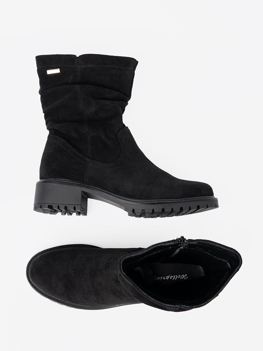 Botine negre cu guler plisat și fermoar