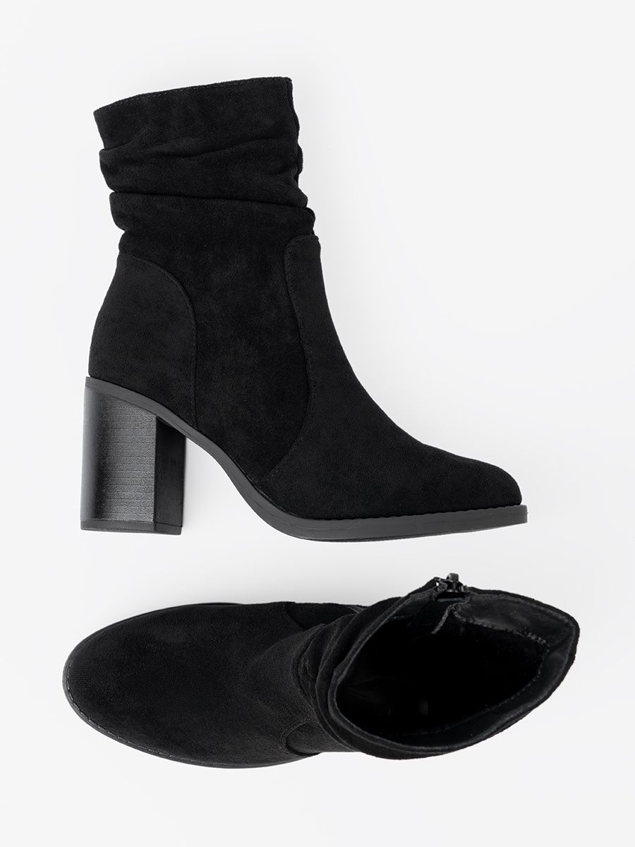 Botine elegante negre cu toc gros și guler plisat