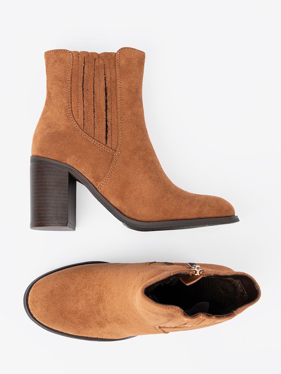 Ghete caramel cu toc gros din piele ecologică întoarsă