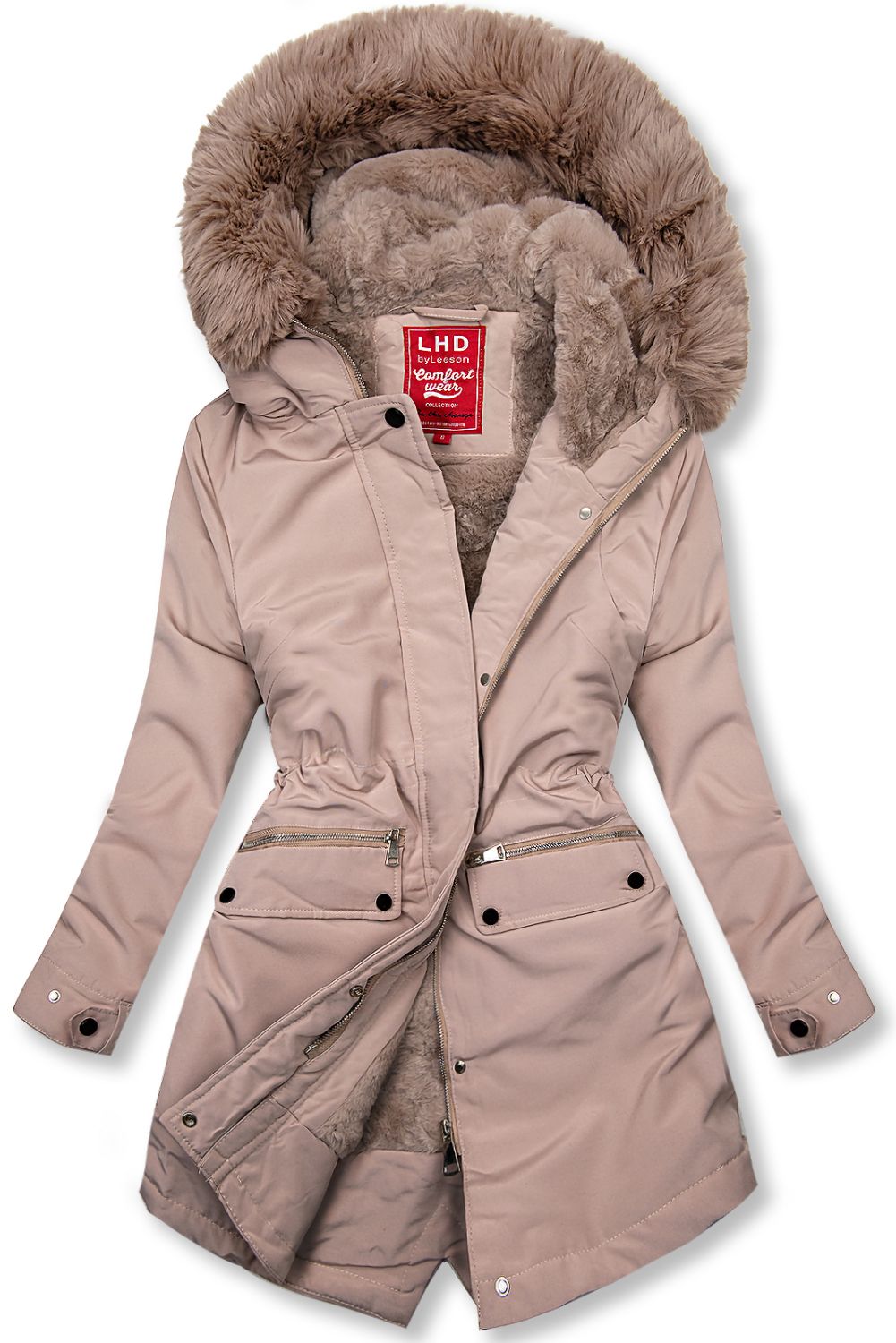 Parka bej-roz cu pluș și blană