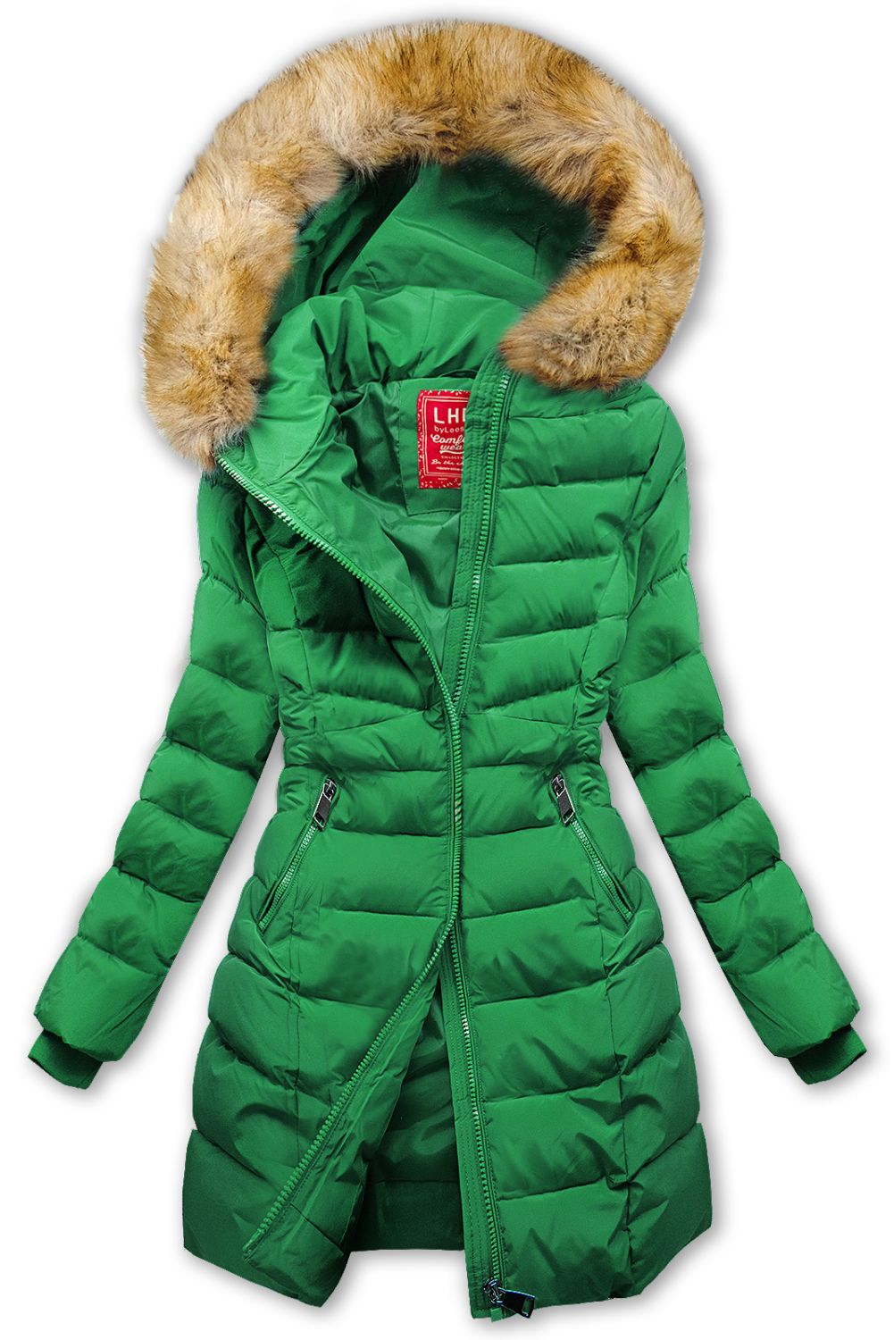 Geacă de iarnă matlasată verde cu blană