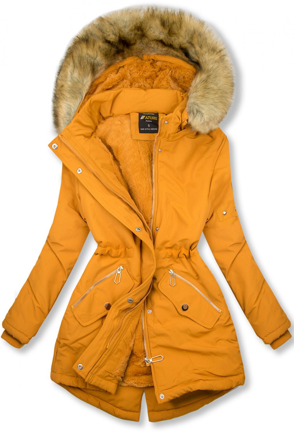 Geacă de iarnă galbenă muștar cu blană maro