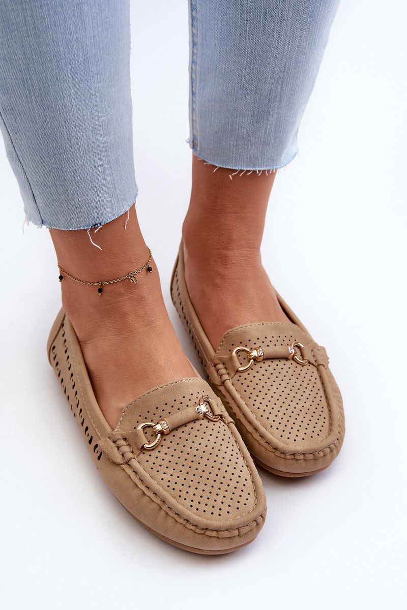 Mocasini maro perforați din piele ecologică cu accesoriu decorativ
