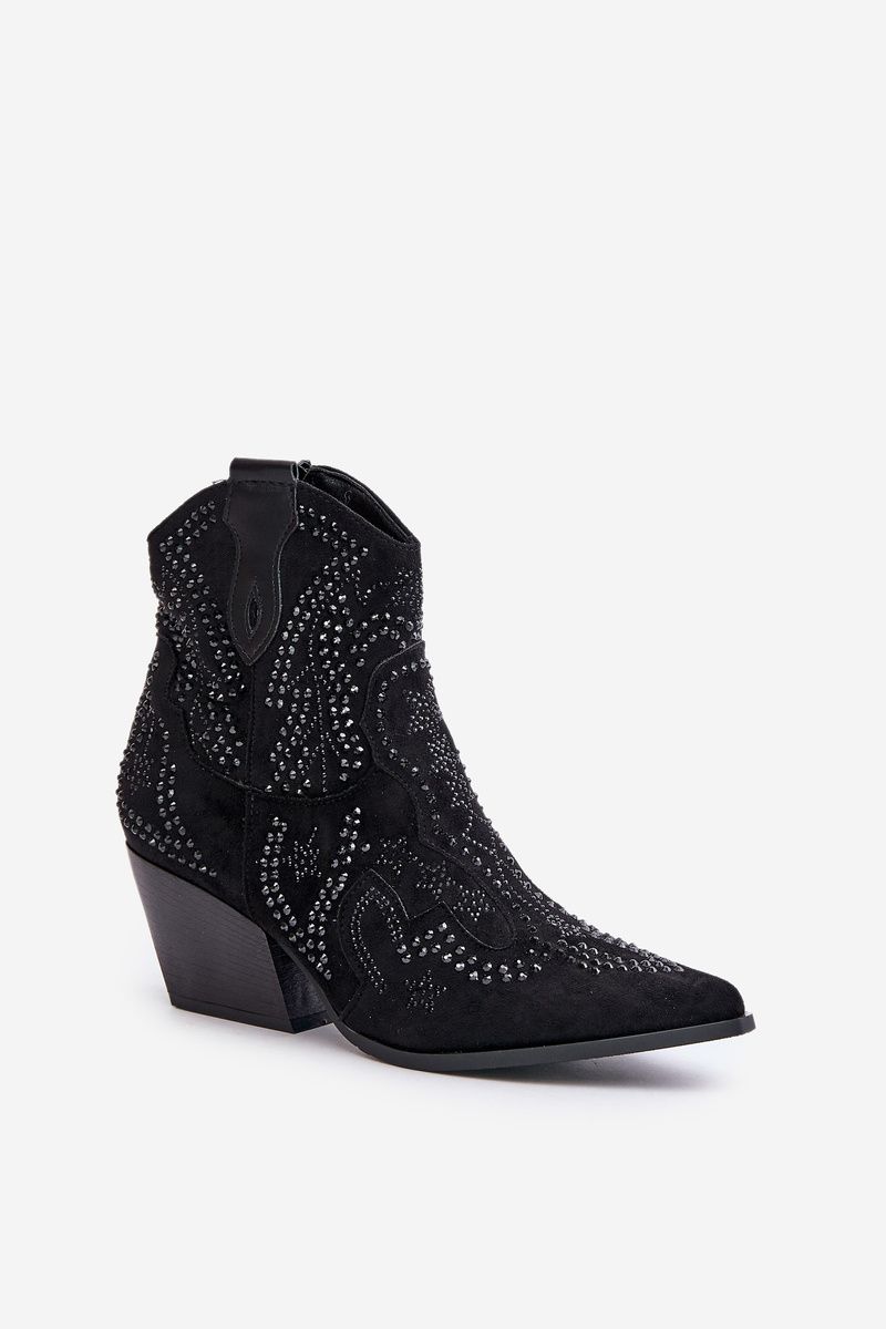 Botine negre decorate cu toc din piele întoarsă ecologică