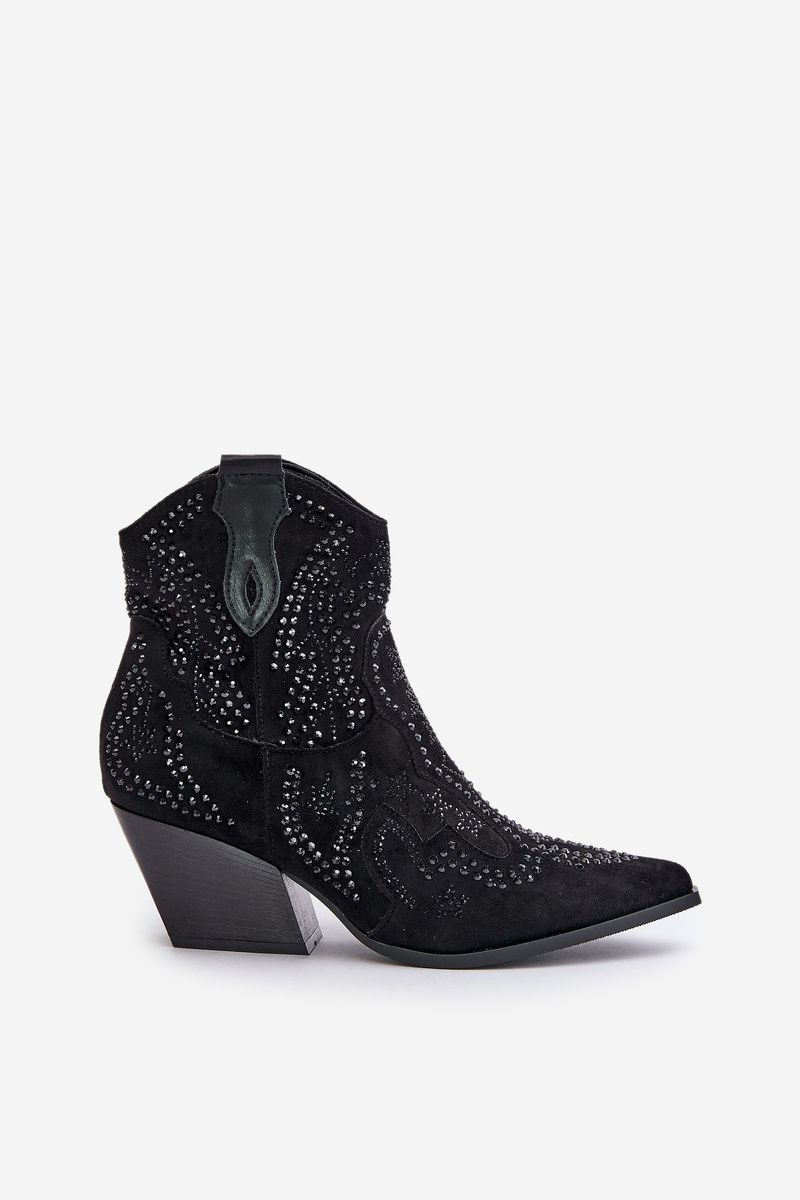 Botine negre decorate cu toc din piele întoarsă ecologică