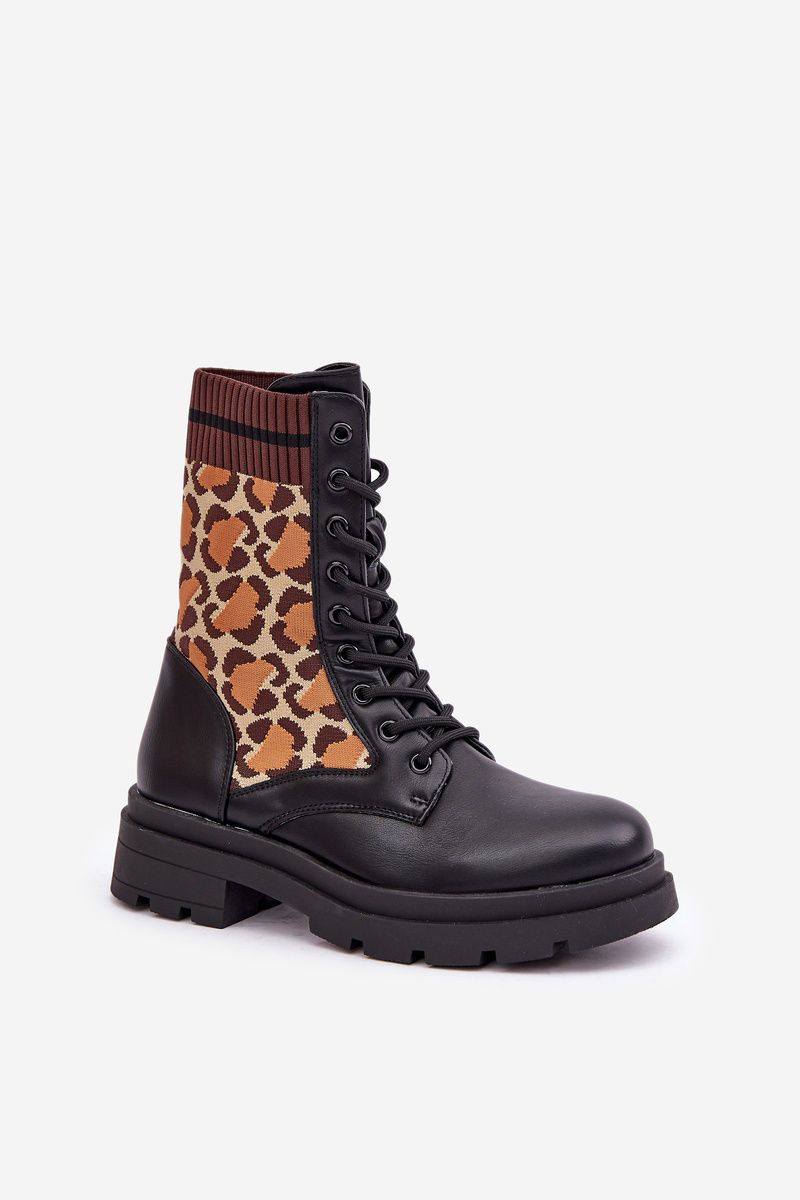 Ghete negre tip workery cu manșetă tip șosetă cu imprimeu leopard