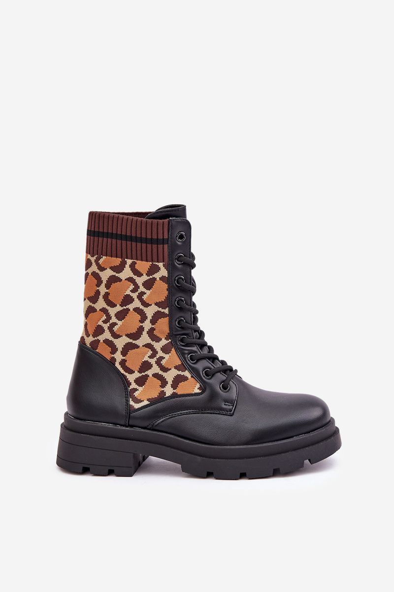 Ghete negre tip workery cu manșetă tip șosetă cu imprimeu leopard