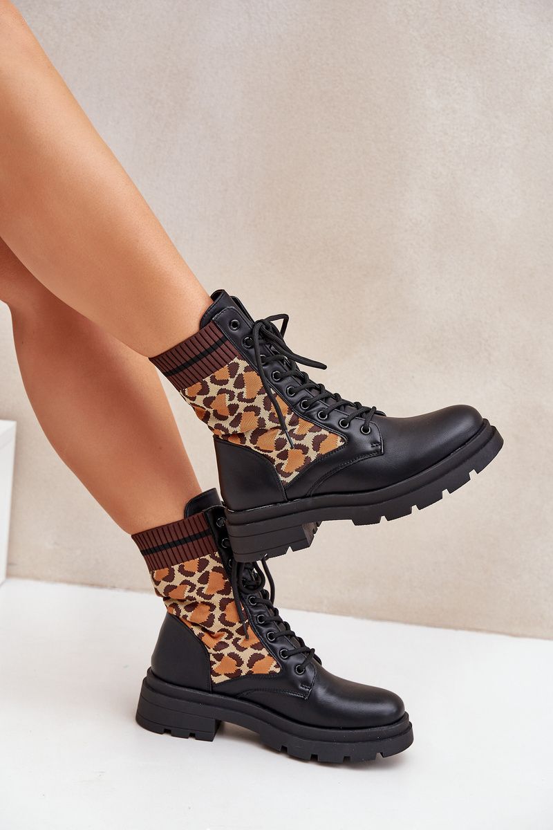 Ghete negre tip workery cu manșetă tip șosetă cu imprimeu leopard