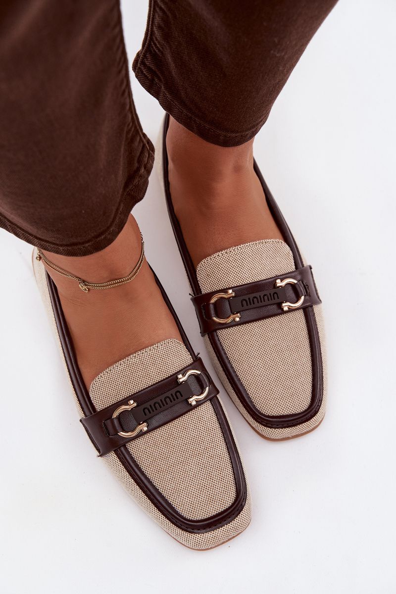 Mocasini maro-bej din material textil cu element decorativ