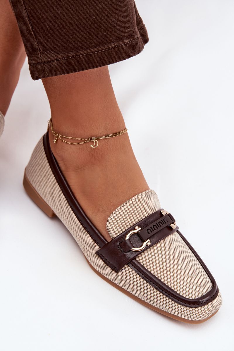 Mocasini maro-bej din material textil cu element decorativ