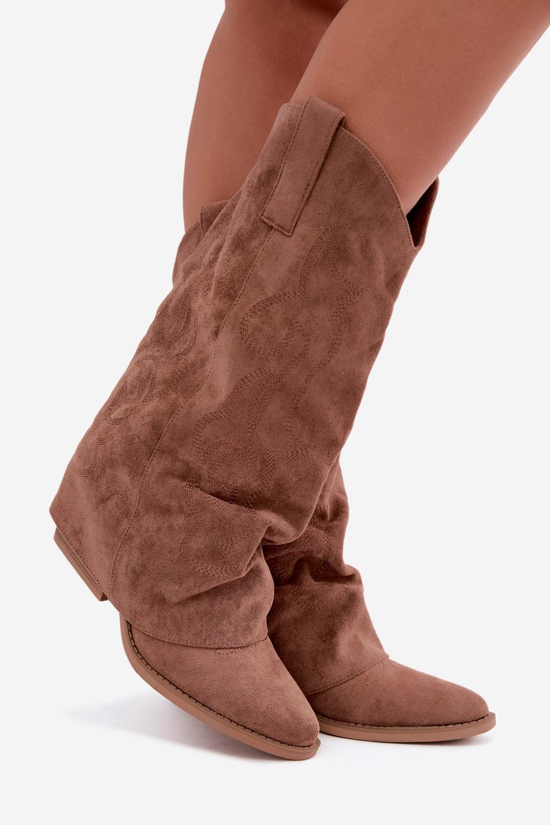 Cizme cowboy cu toc și gambă răsucită din piele ecologică întoarsă maro