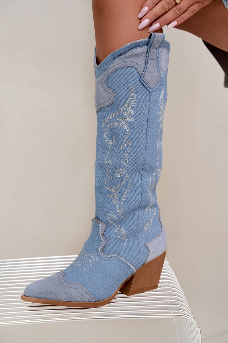 Cizme western din denim cu toc gros