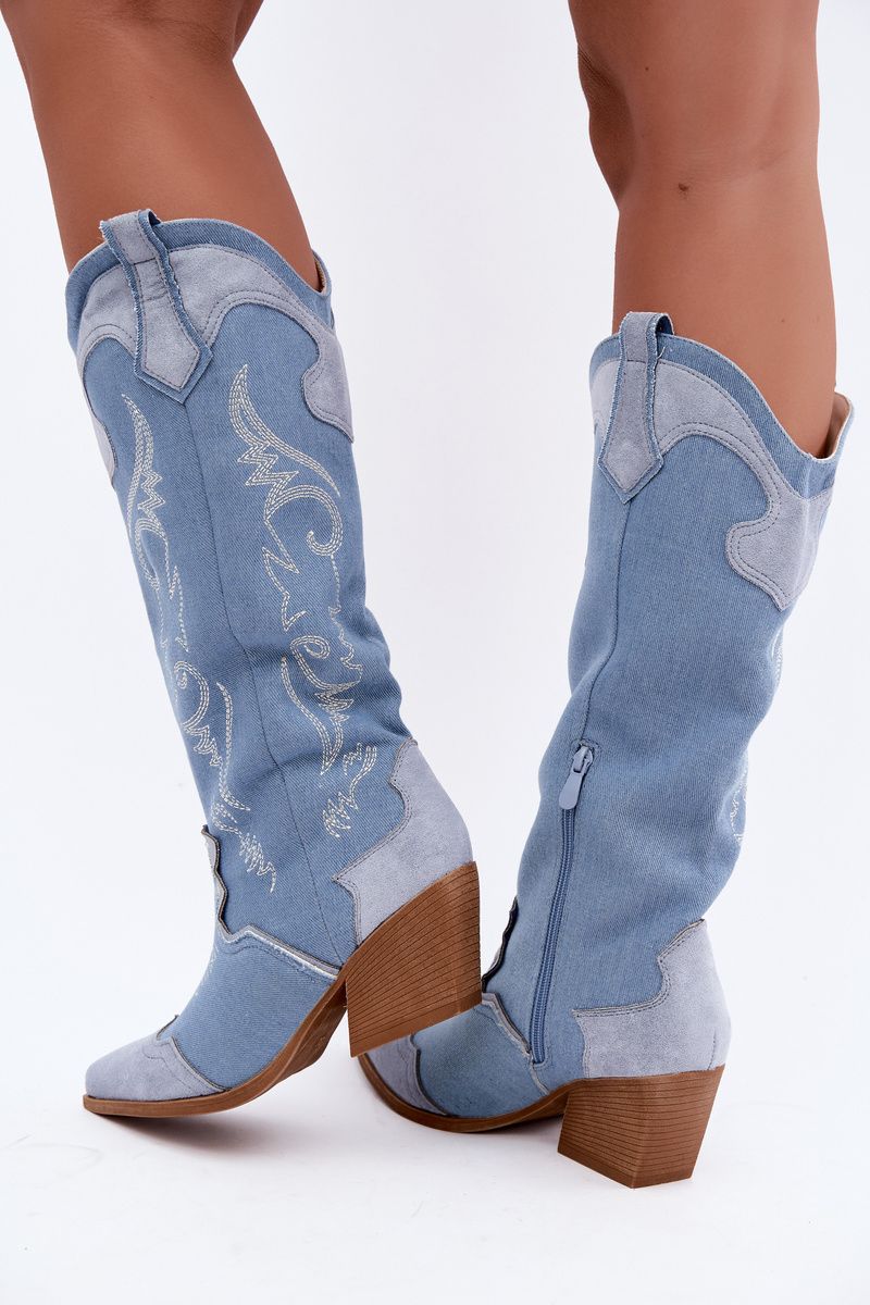Cizme western din denim cu toc gros