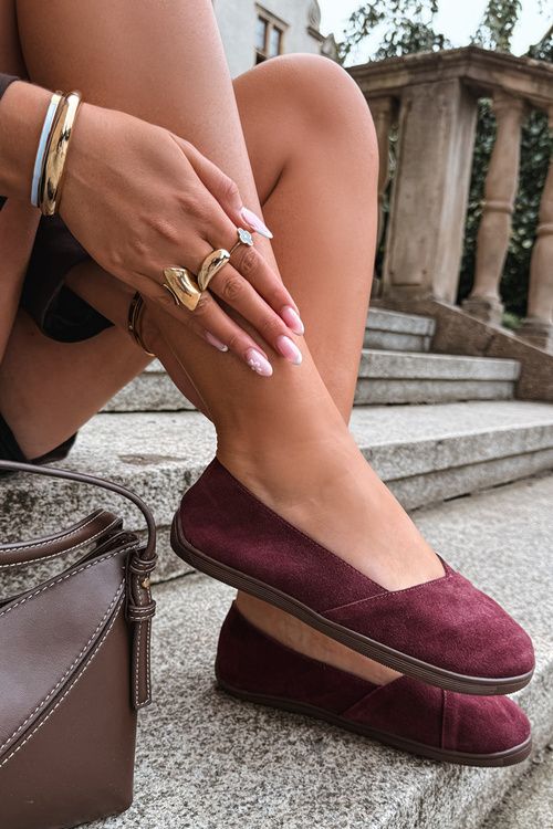 Balerini barefoot din piele întoarsă naturală bordo