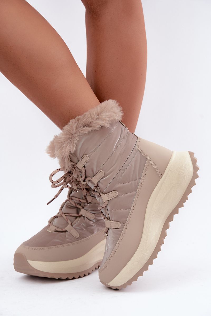 Cizme de zăpadă bej pe platformă cu blăniță