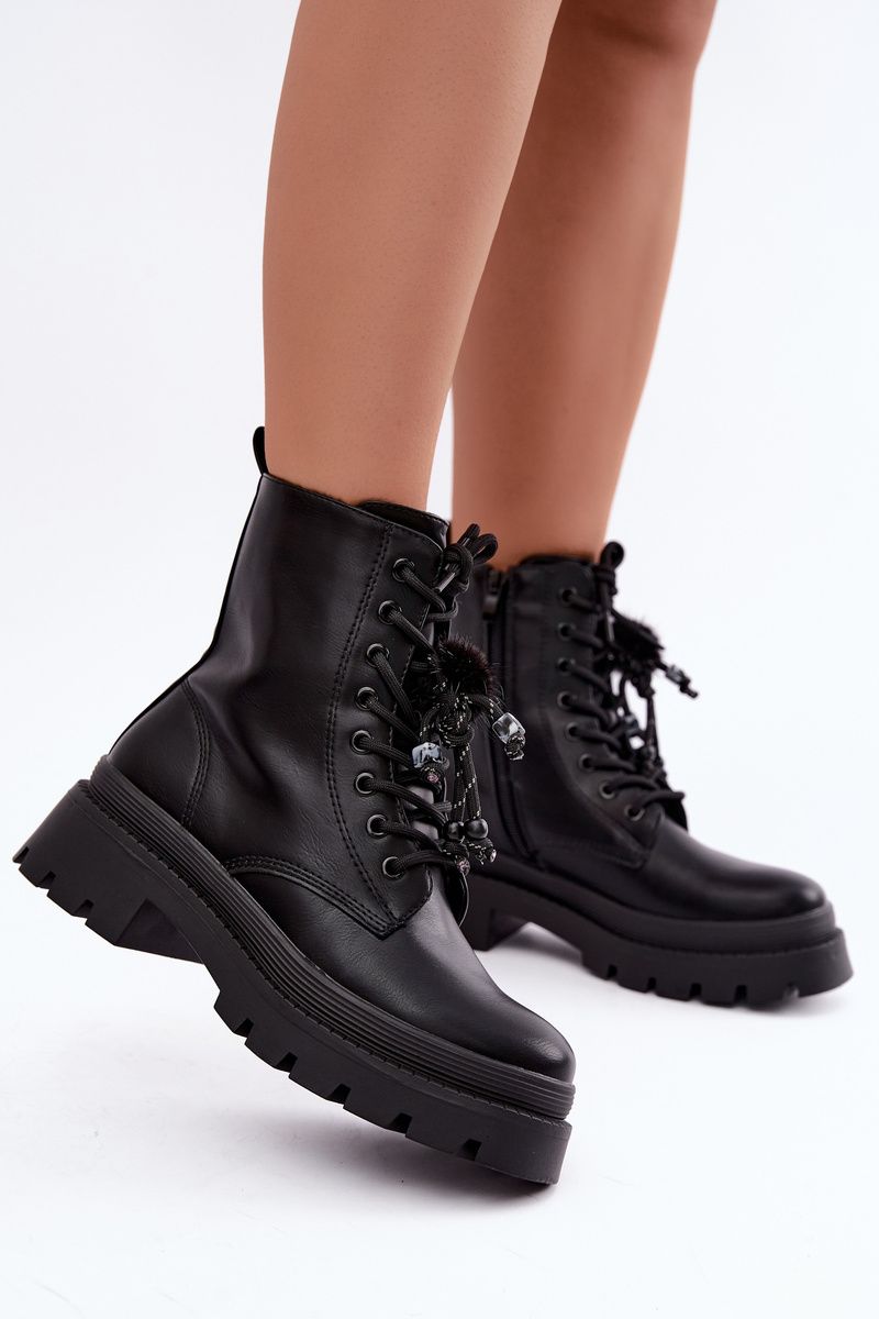 Ghete tip workery negre cu platformă și ciucure decorativ