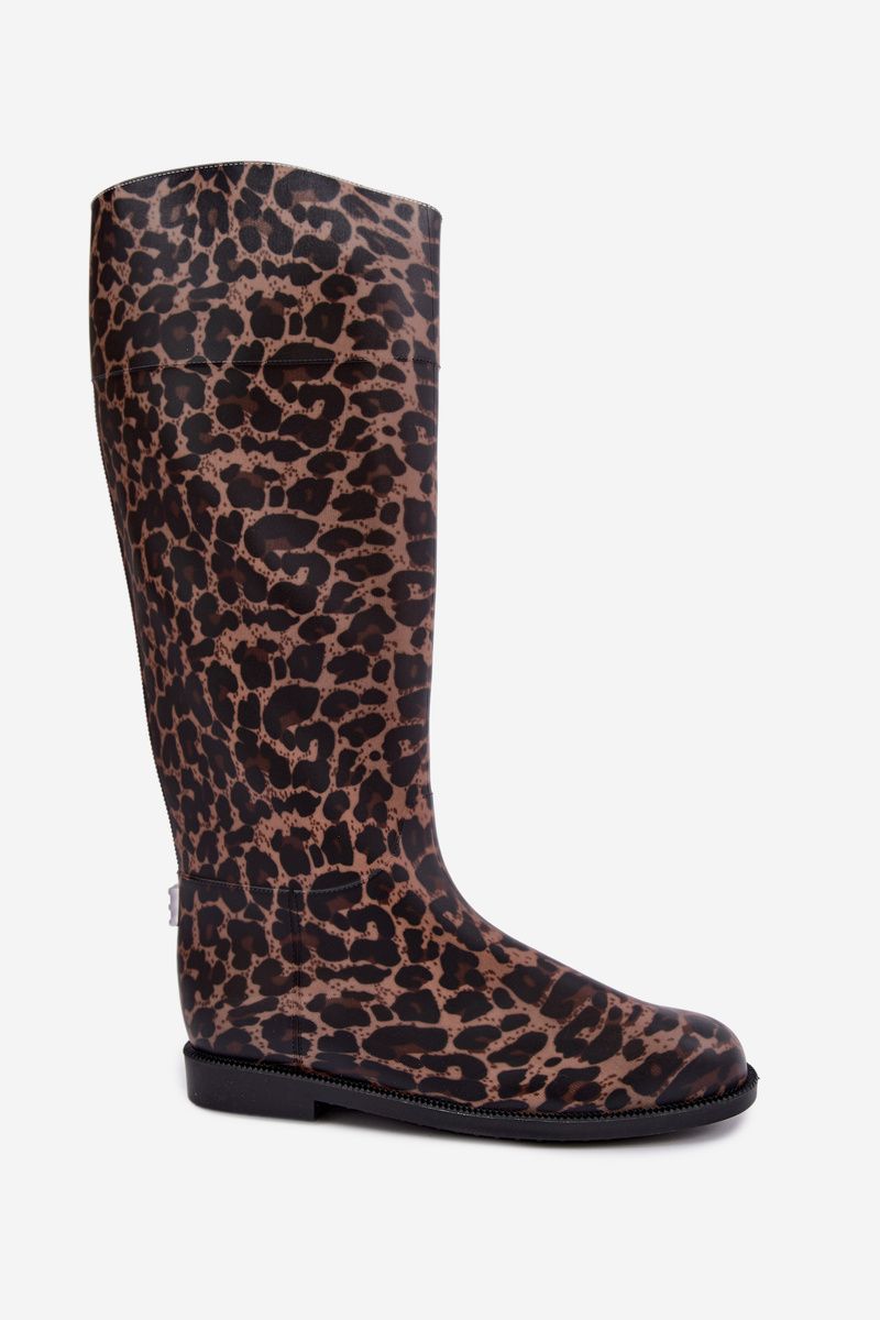 Cizme de cauciuc înalte maro cu toc plat și imprimeu animal print