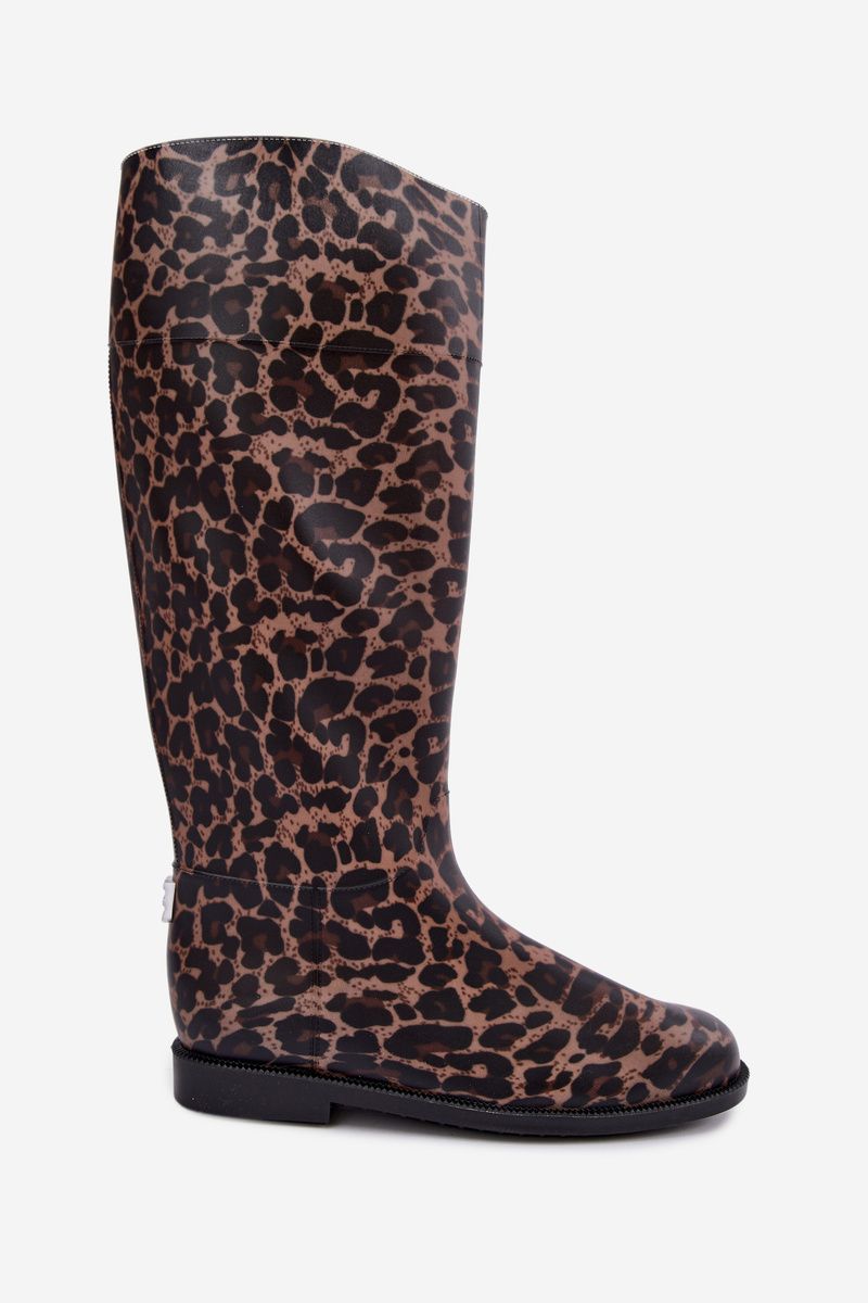 Cizme de cauciuc înalte maro cu toc plat și imprimeu animal print