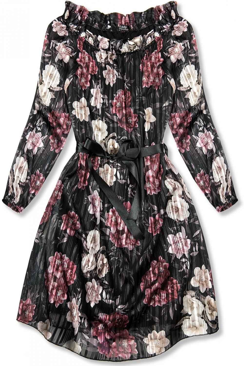 Rochie florală neagră cu panglică în talie