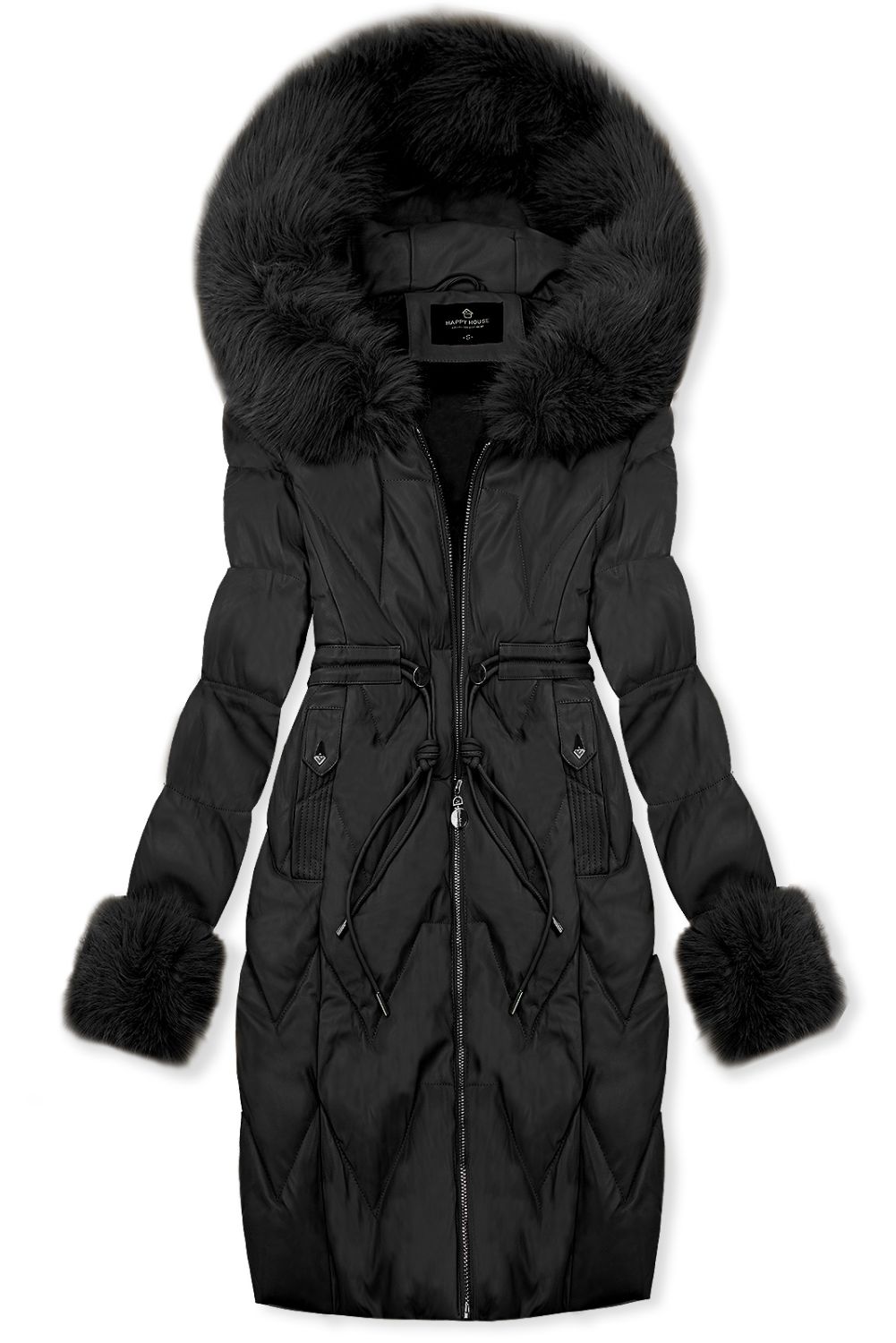 Palton matlasat din piele sintetică cu blană artificială, negru