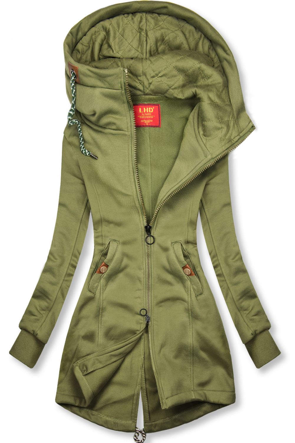 Hanorac prelungit verde army cu glugă matlasată