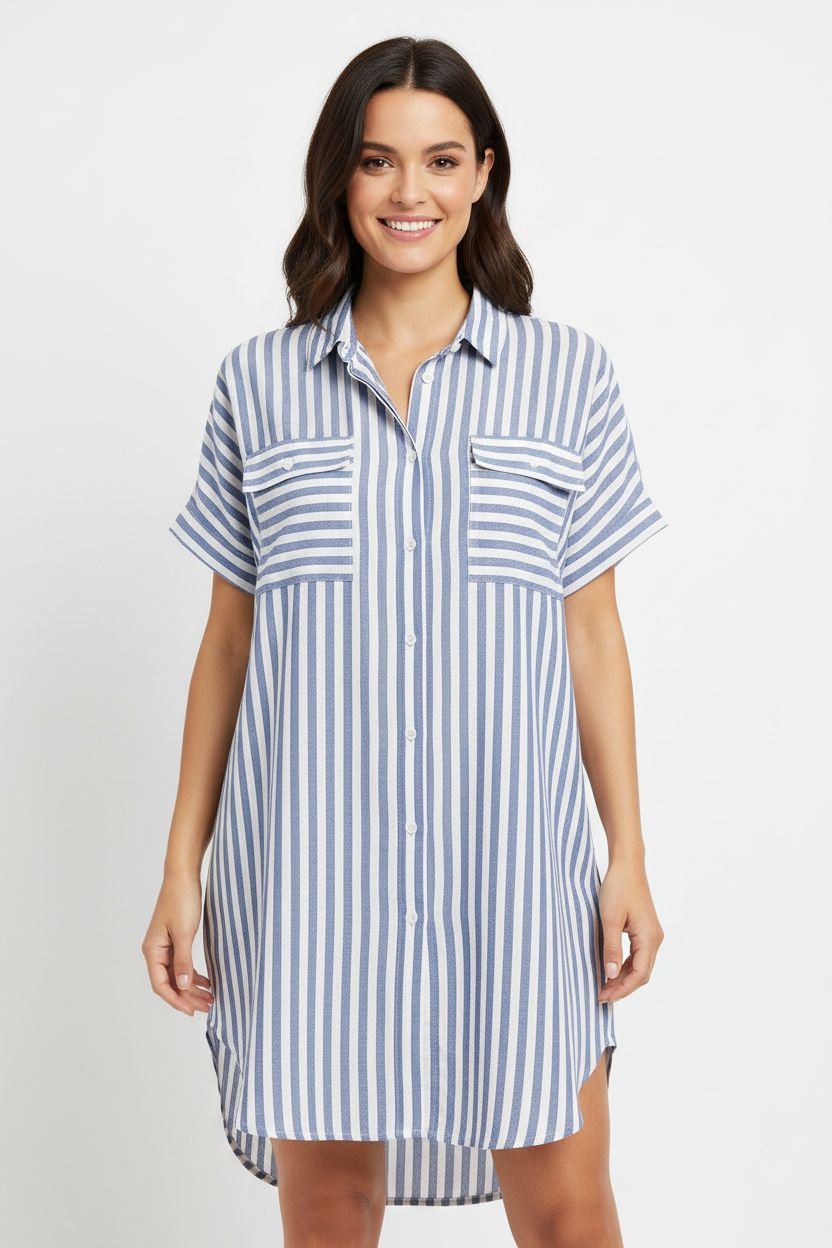 Rochie cămașă din bumbac cu dungi alb/albastru