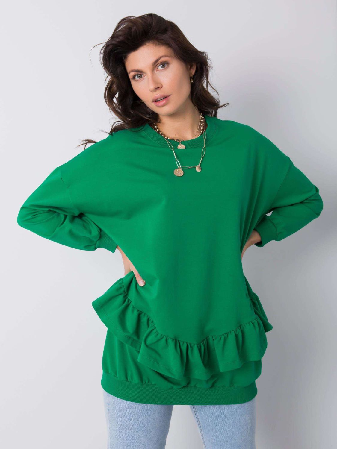 Pulover verde din bumbac cu volane