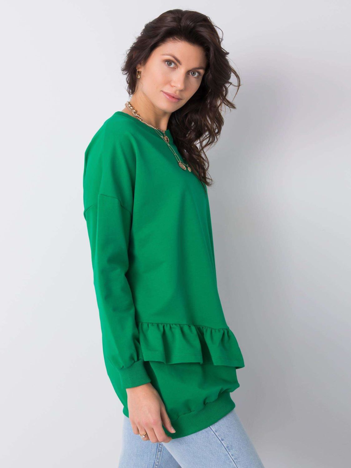 Pulover verde din bumbac cu volane