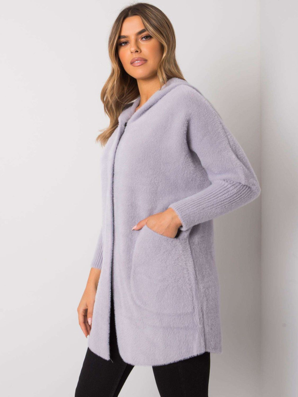 Palton din alpaca gri deschis cu glugă