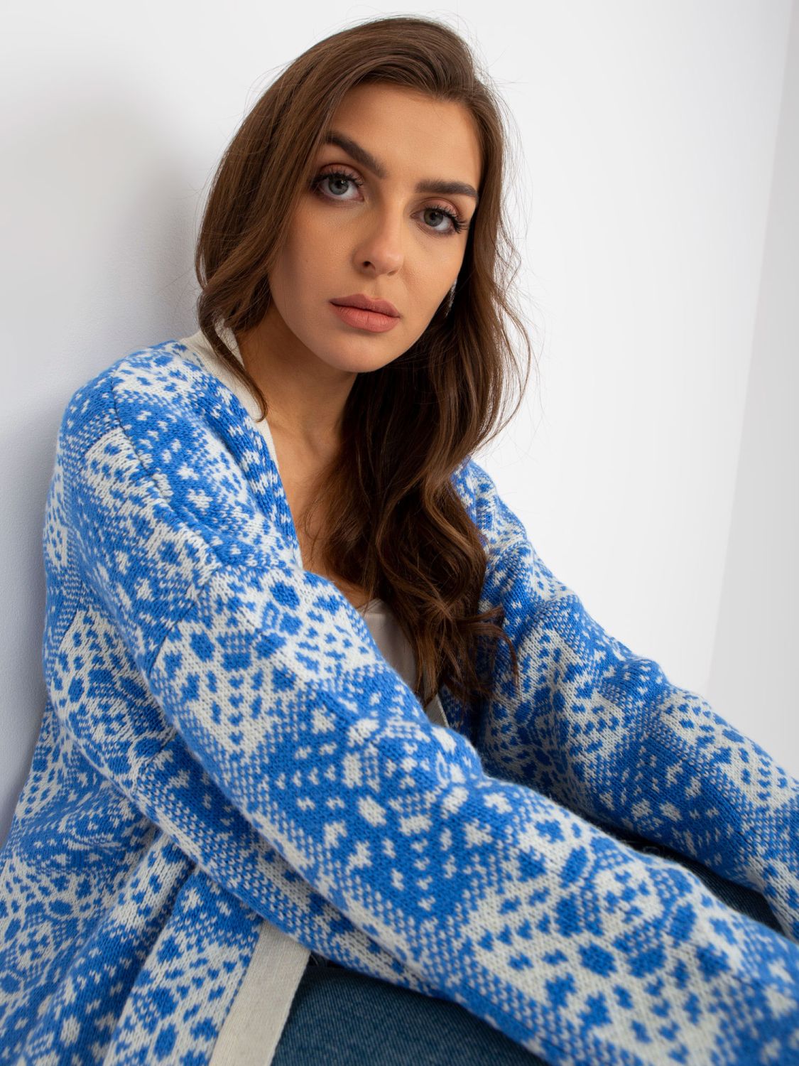 Cardigan alb-albastru cu model RUE PARIS