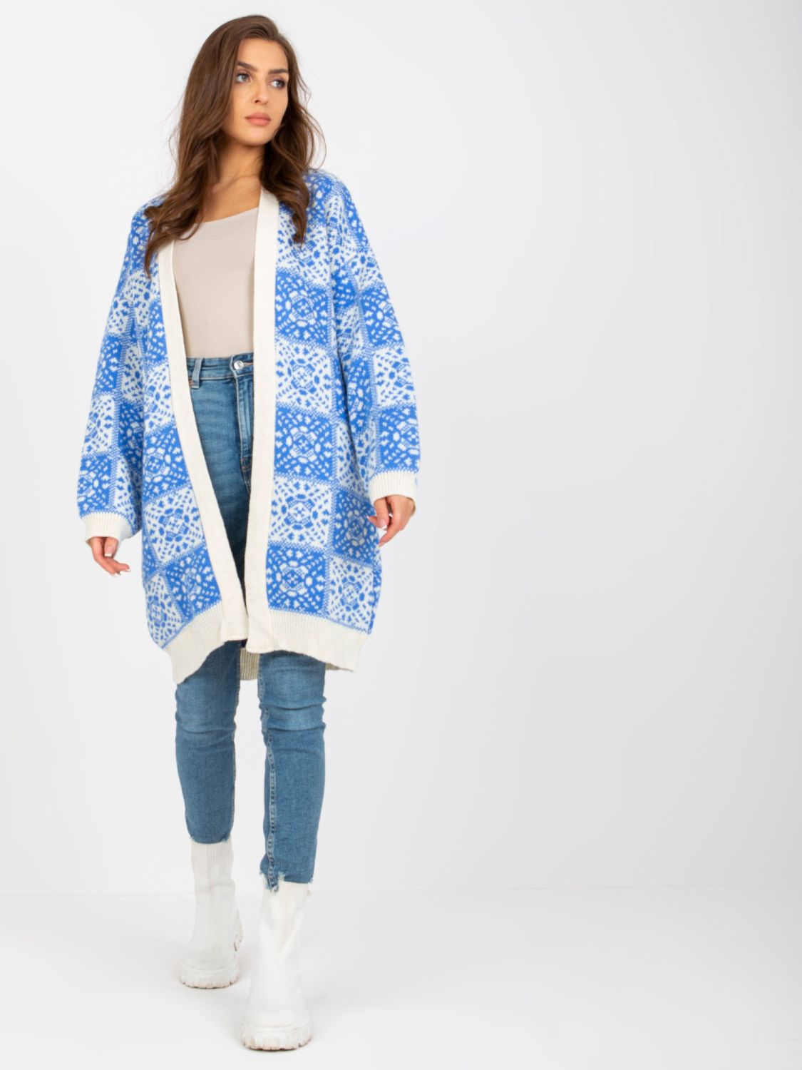 Cardigan alb-albastru cu model RUE PARIS