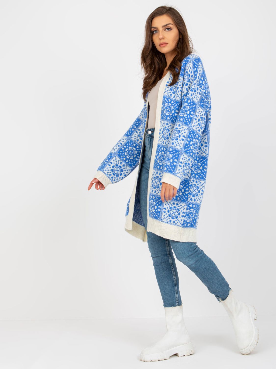 Cardigan alb-albastru cu model RUE PARIS