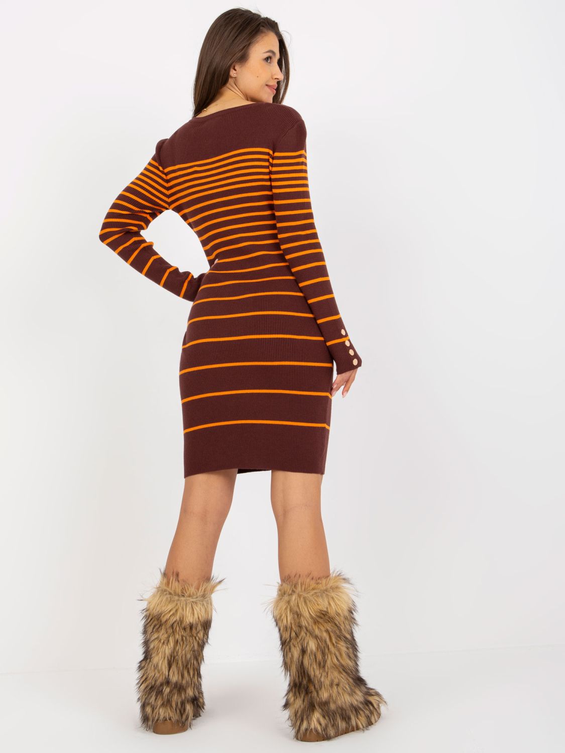 Rochie striată ajustată maro închis