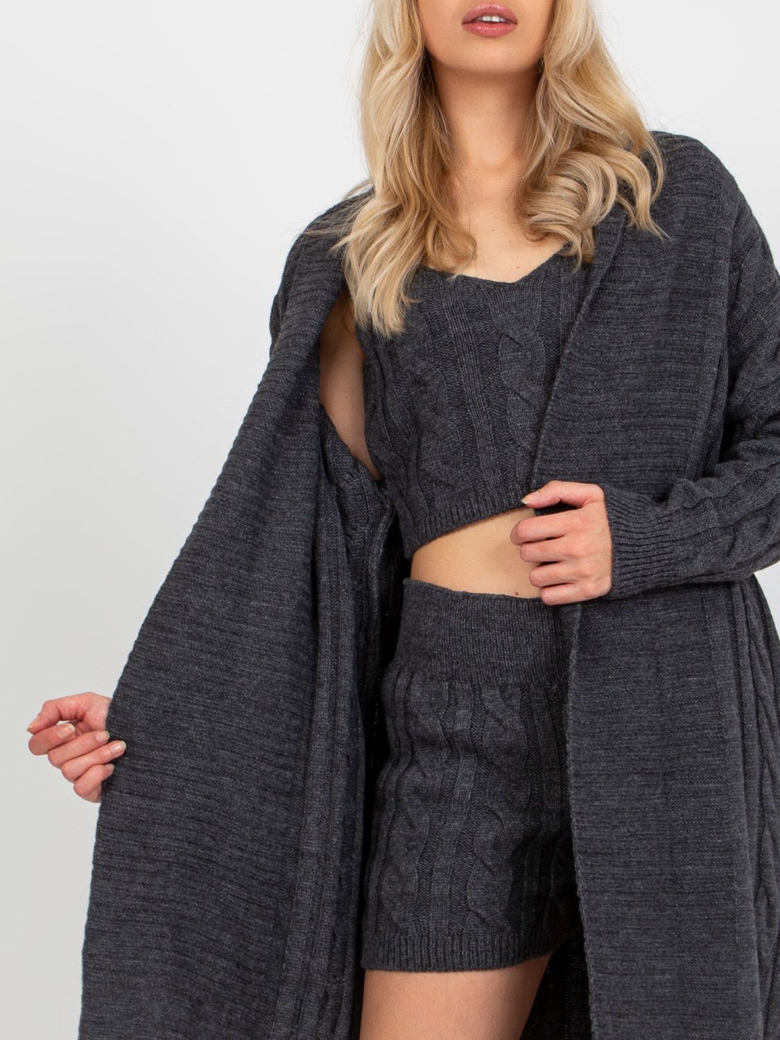 Set tricotat în trei piese, gri închis, cu cardigan