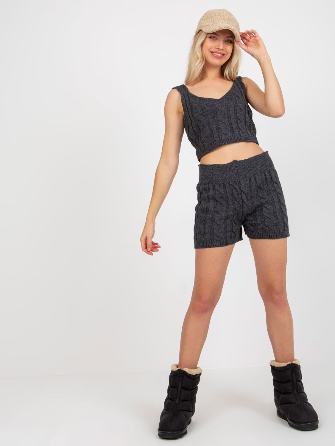 Set tricotat în trei piese, gri închis, cu cardigan