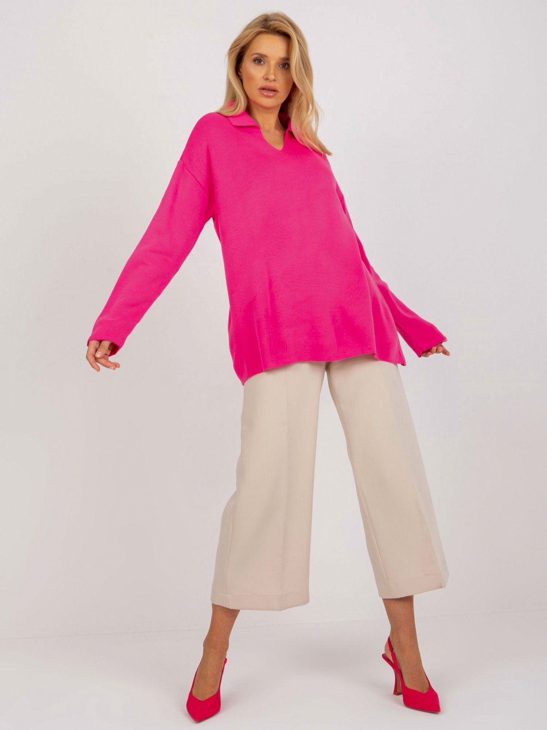 Pulover oversize roz fluorescent cu guler RUE PARIS