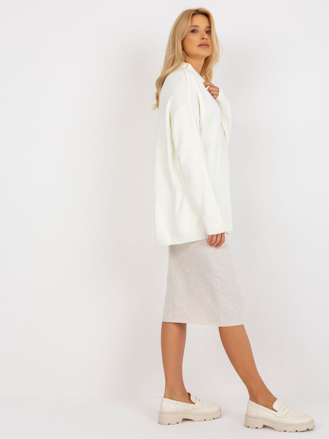Pulover lung oversize ecru cu guler RUE PARIS