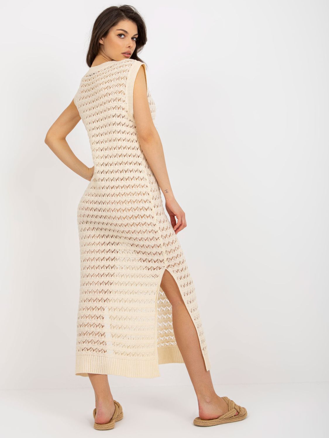 Rochie maxi tricotată bej deschis cu fante