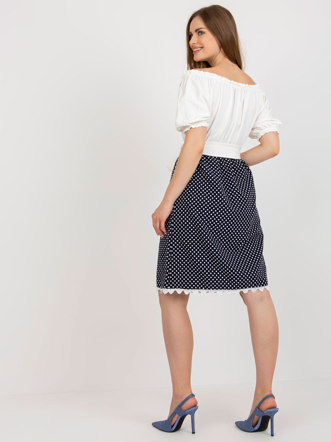 Rochie cocktail ecru-albastră cu curea