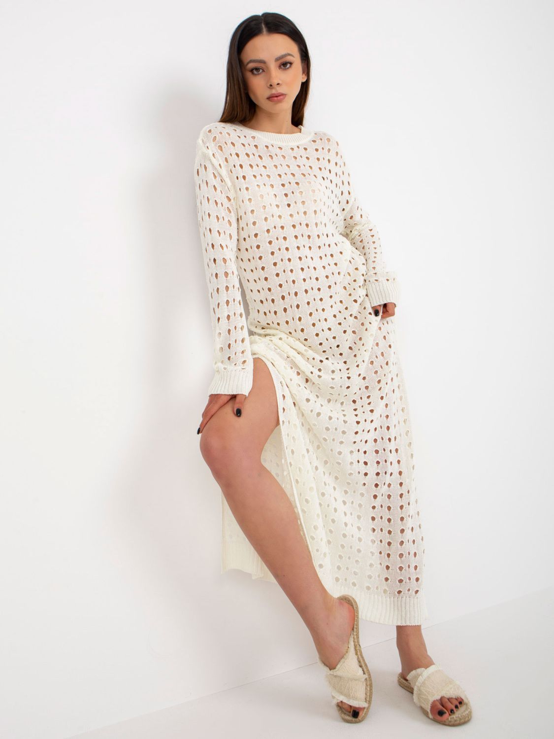 Rochie maxi tricotată ecru cu model perforat