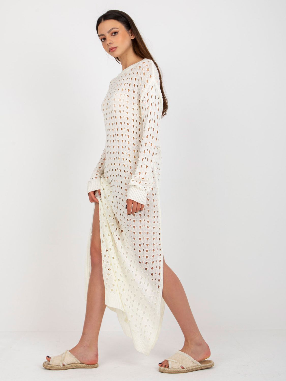 Rochie maxi tricotată ecru cu model perforat