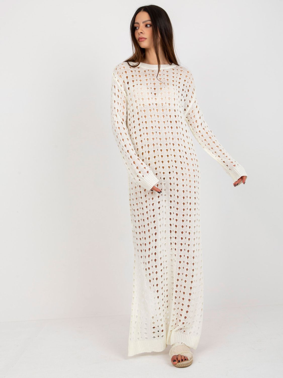 Rochie maxi tricotată ecru cu model perforat