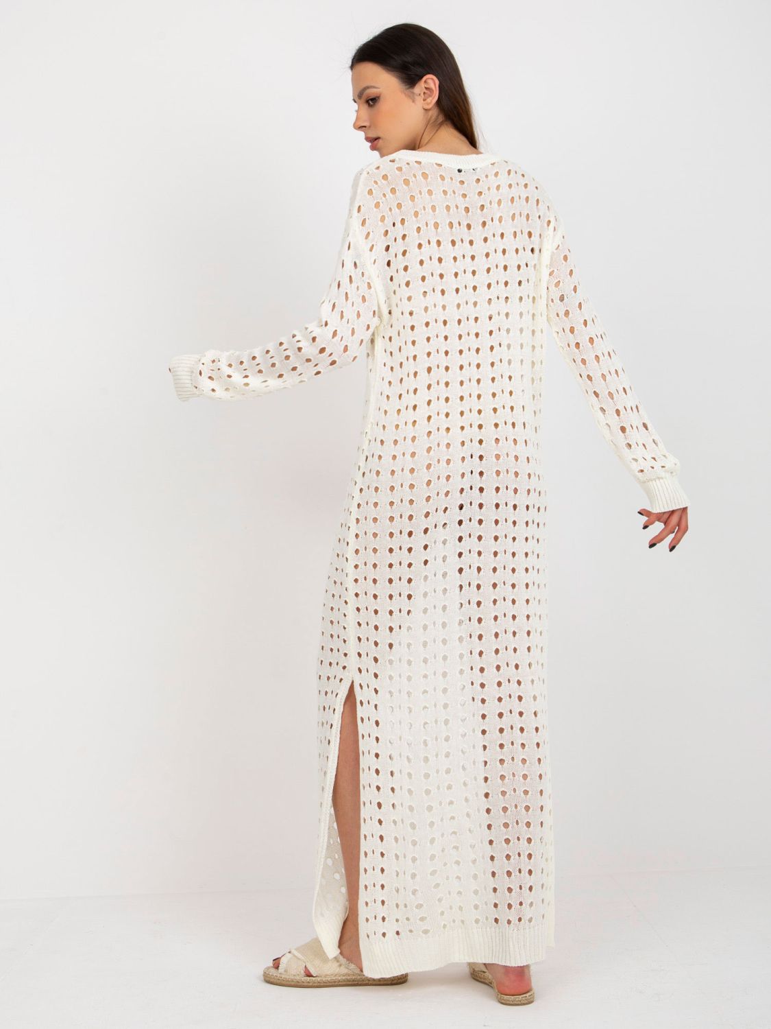 Rochie maxi tricotată ecru cu model perforat
