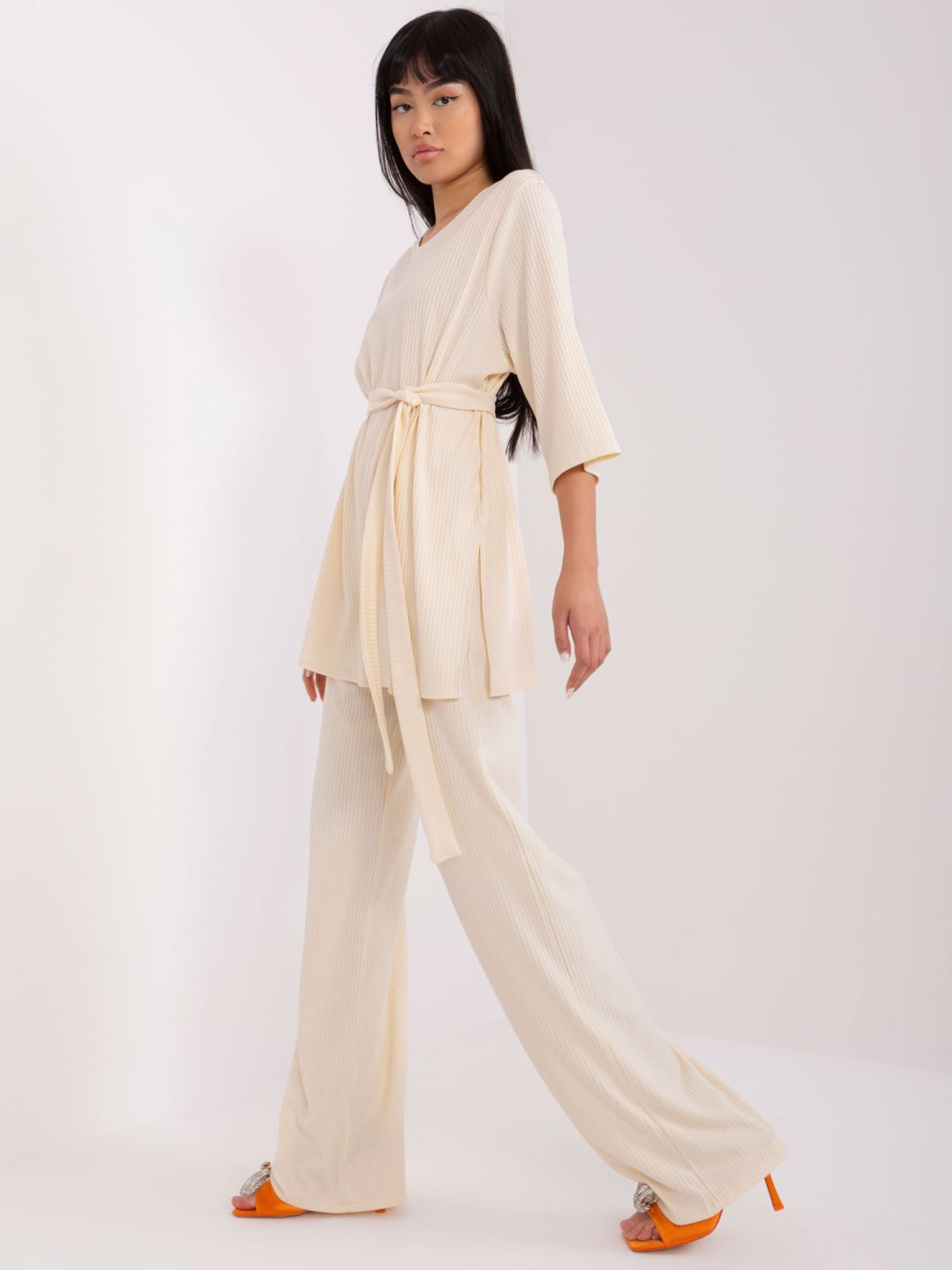 Compleu casual bej deschis cu dungi