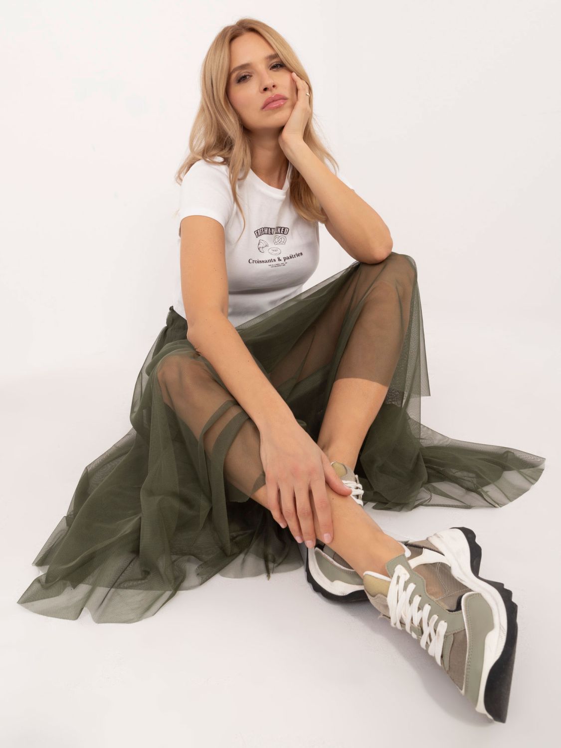 Fustă midi din tul fin în khaki