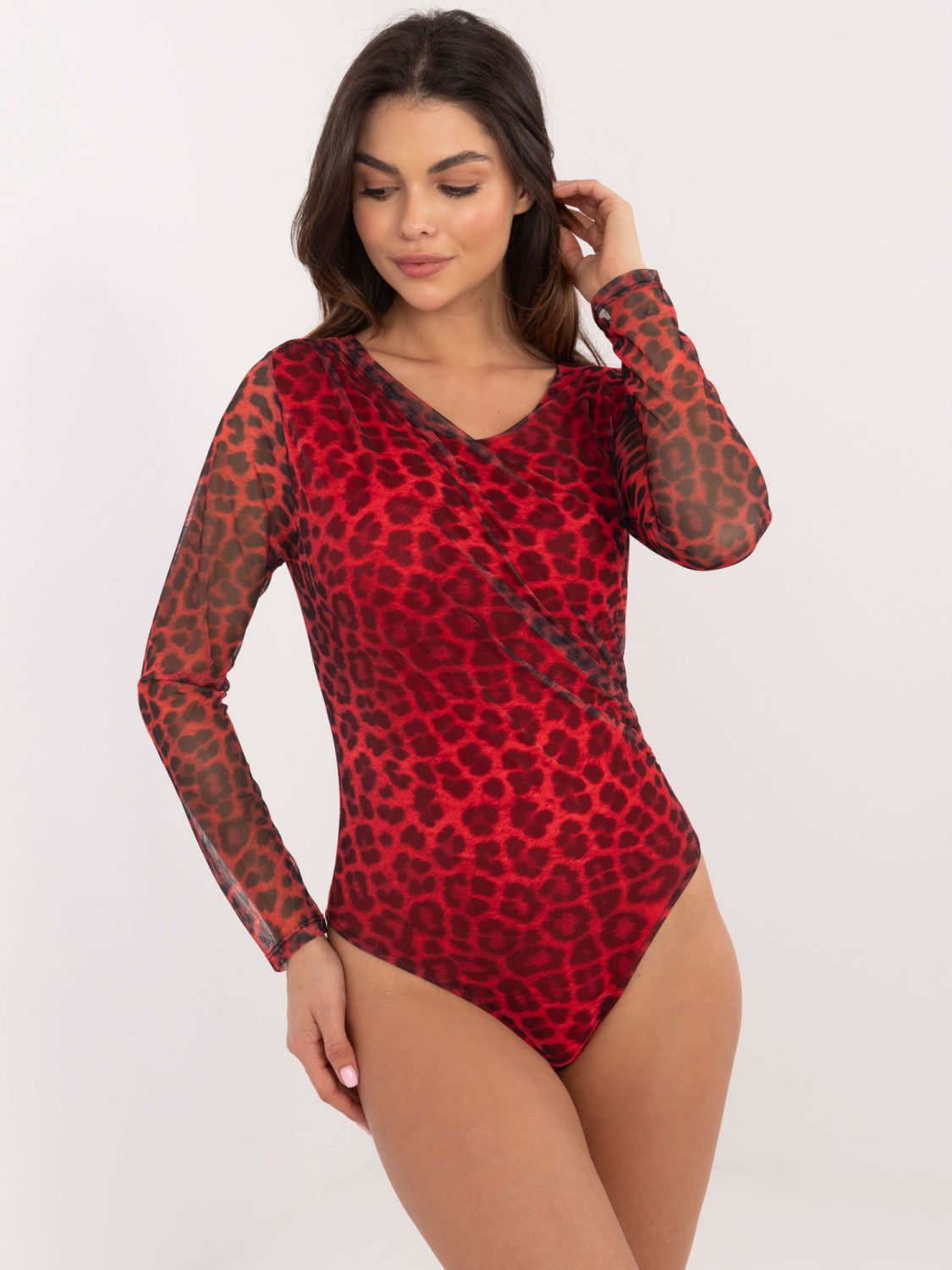 Body roșu elegant cu mânecă lungă