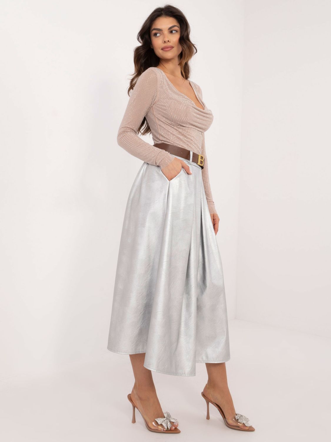 Fustă midi elegantă argintie