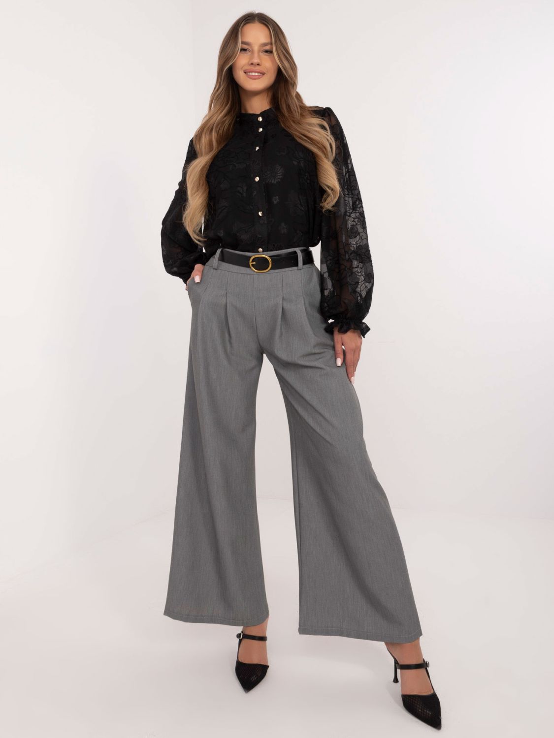 Pantaloni palazzo eleganți în gri închis