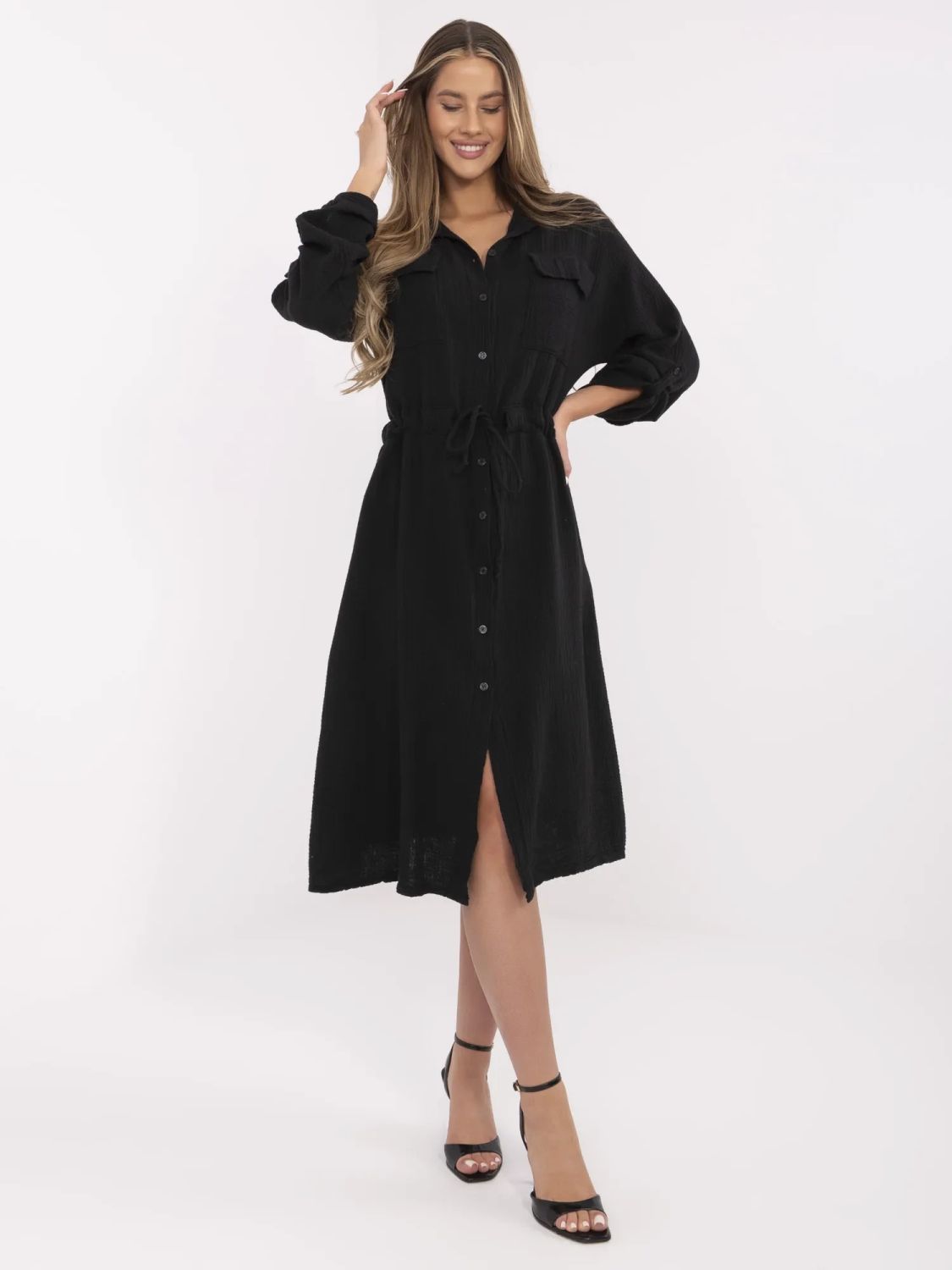 Rochie midi neagră elegantă cu mâneci lungi